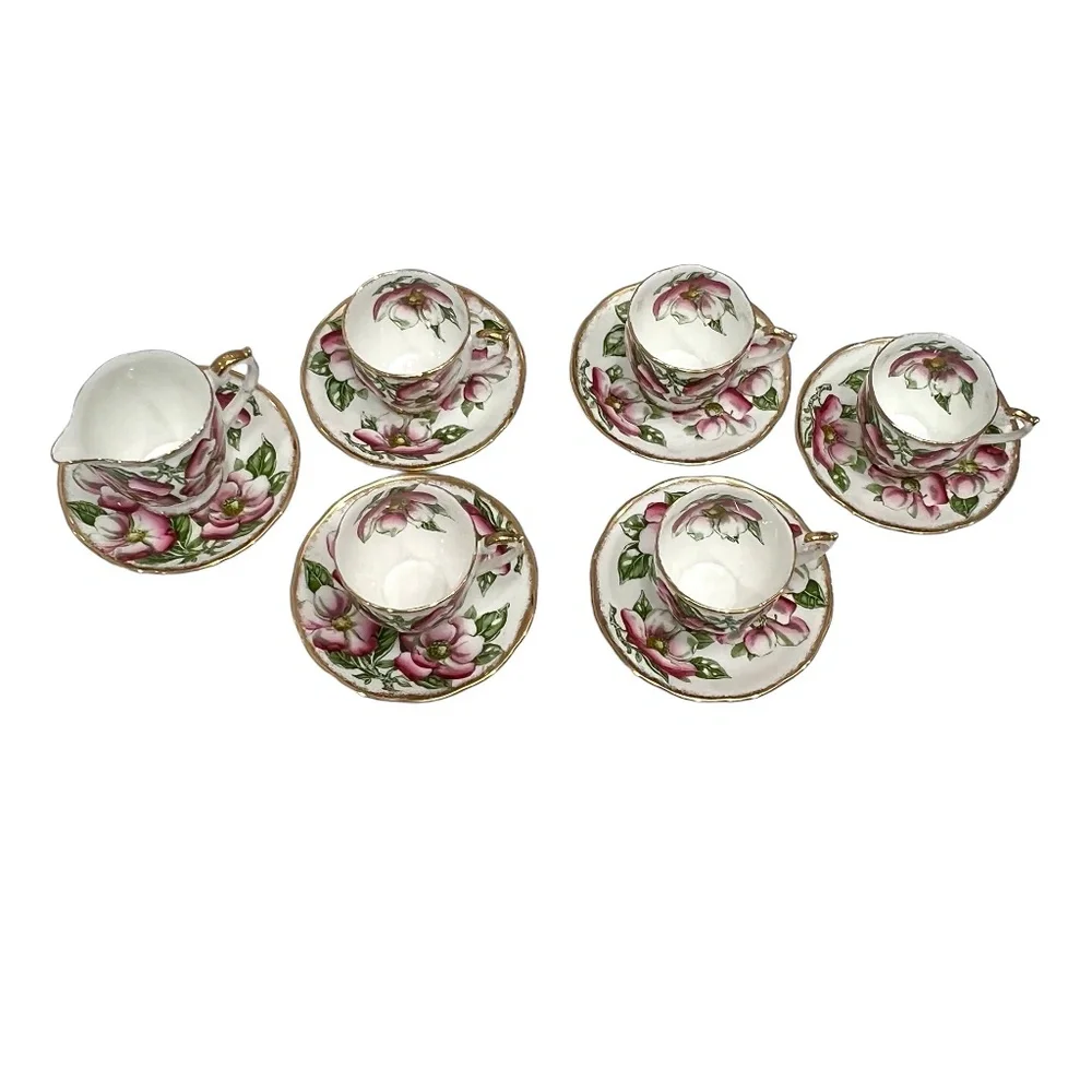 QUEEN ANNE MAGNOLIA BONE CHINA SET OF 5 CUPS & SAUCERS & 1 CREAMER WITH SAUCER